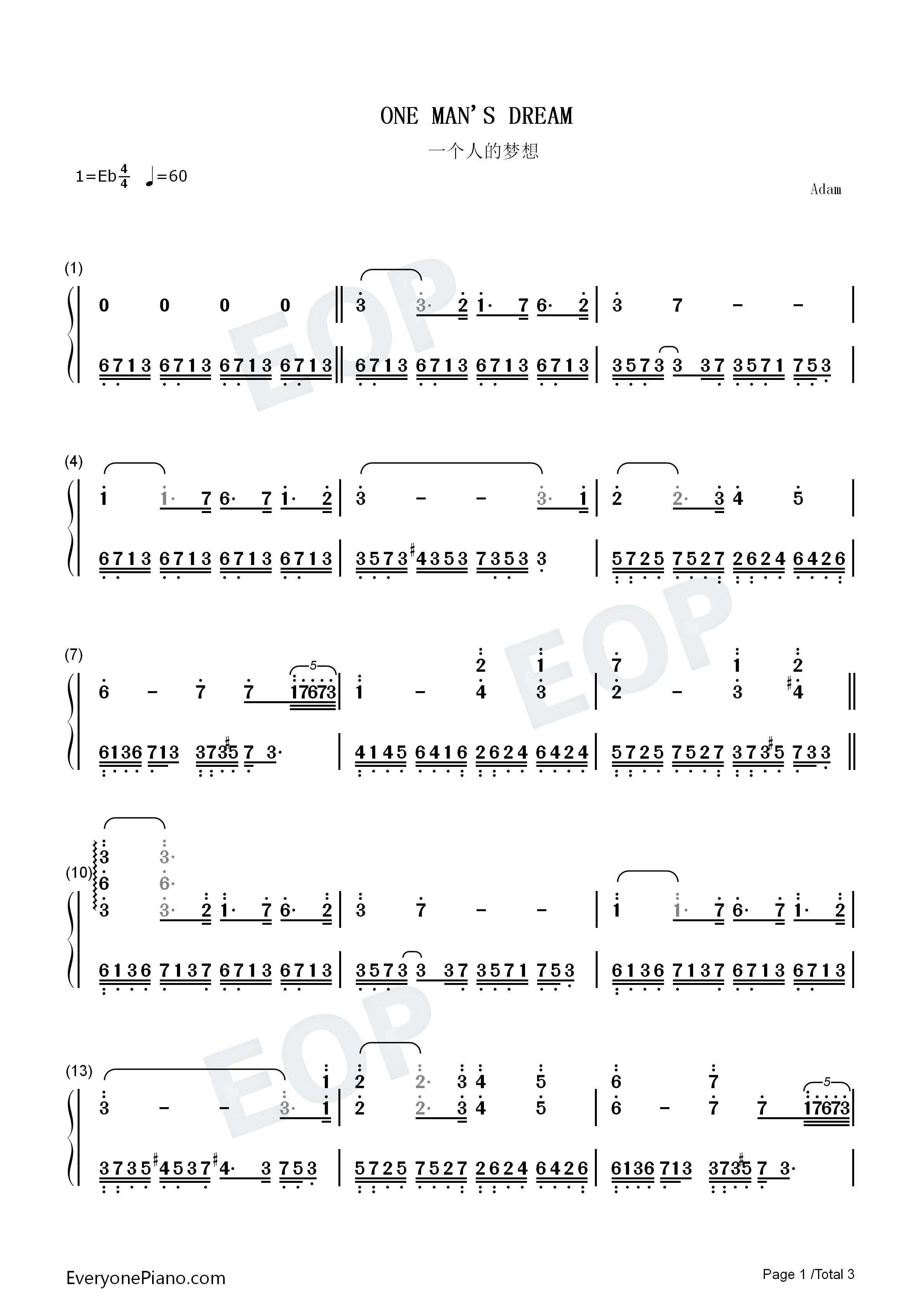 One Man S Dream Yanni Numbered Musical Notation Preview