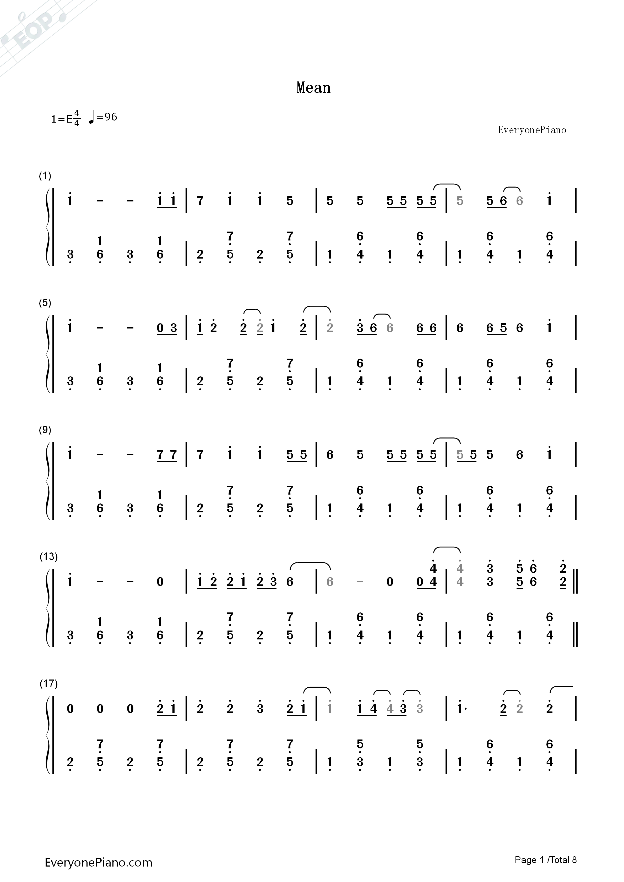 Mean-Taylor Swift Numbered Musical Notation Preview 1