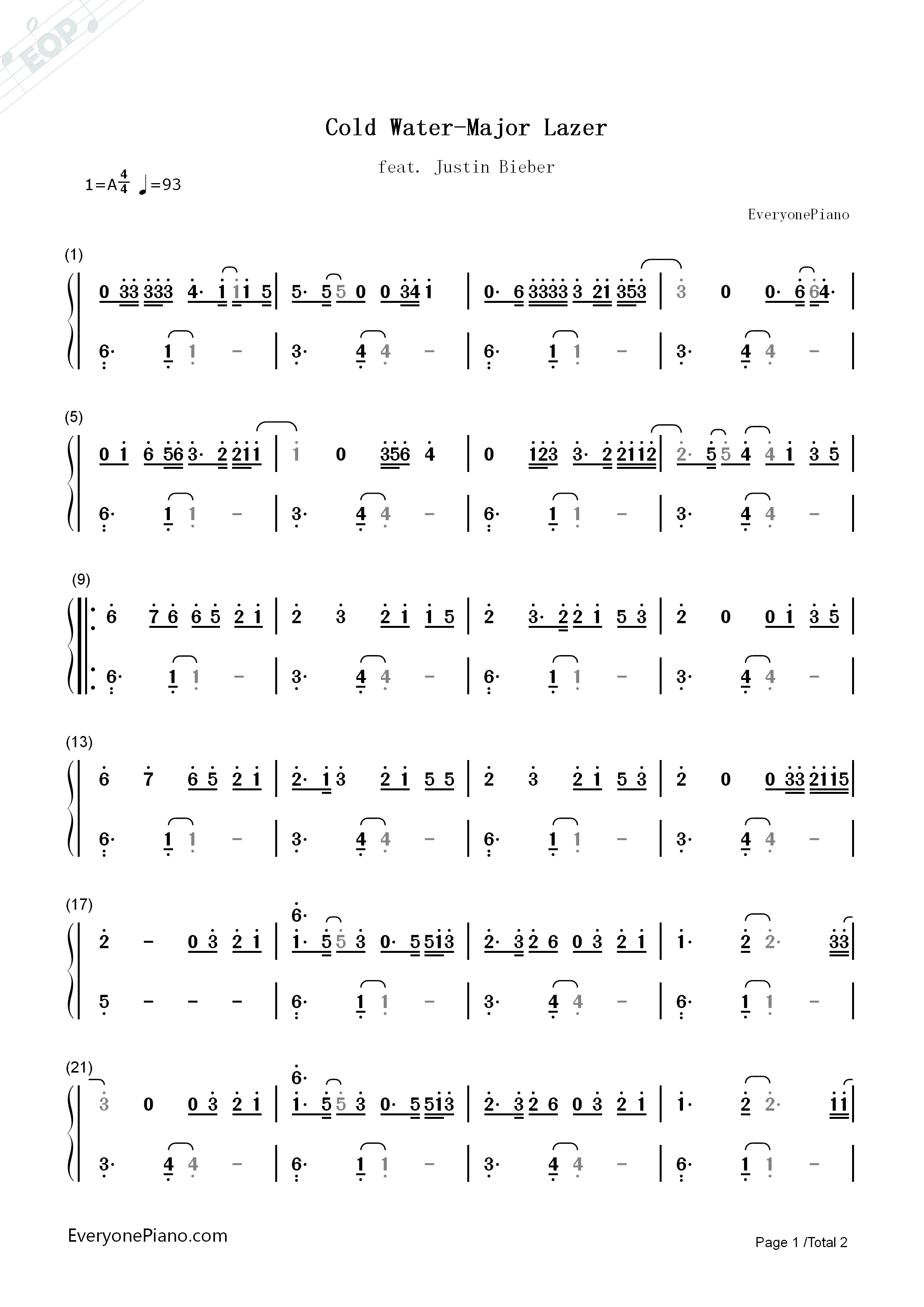 Cold Water Major Lazer Feat Justin Bieber Mo Numbered Musical Notation Preview