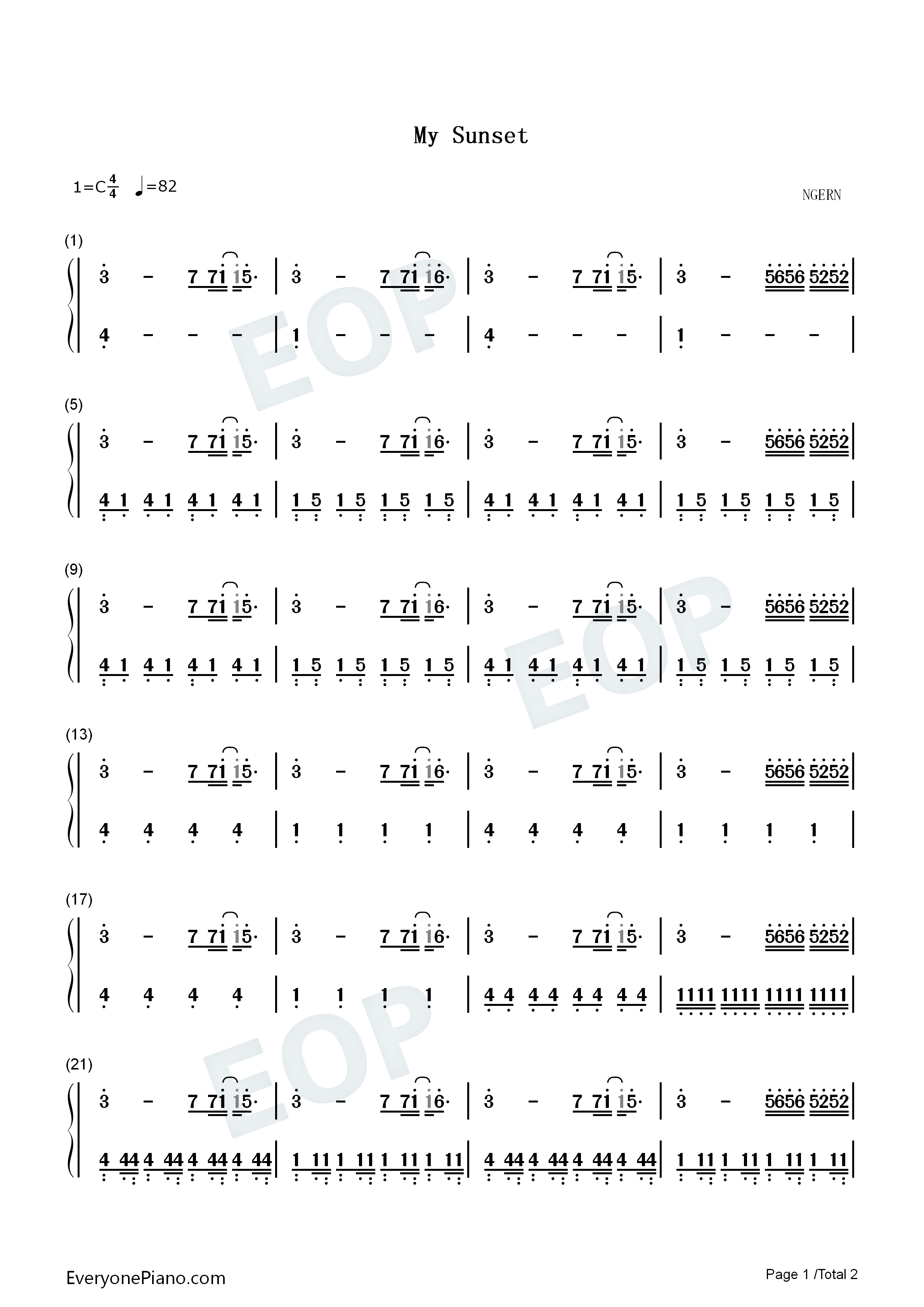 My Sunset Easy Version Numbered Musical Notation Preview